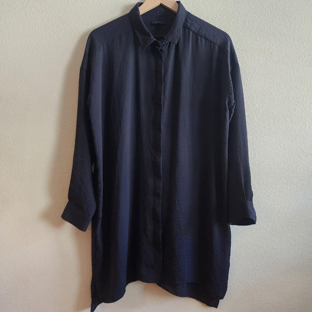 COS Shirt Womens 8 Navy Blue Long Sleeve Tunic Button Front Oversized Blouse Top
